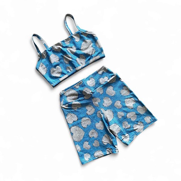 Conjunto Bermuda Básica Cintura Alta Azul e Cinza
