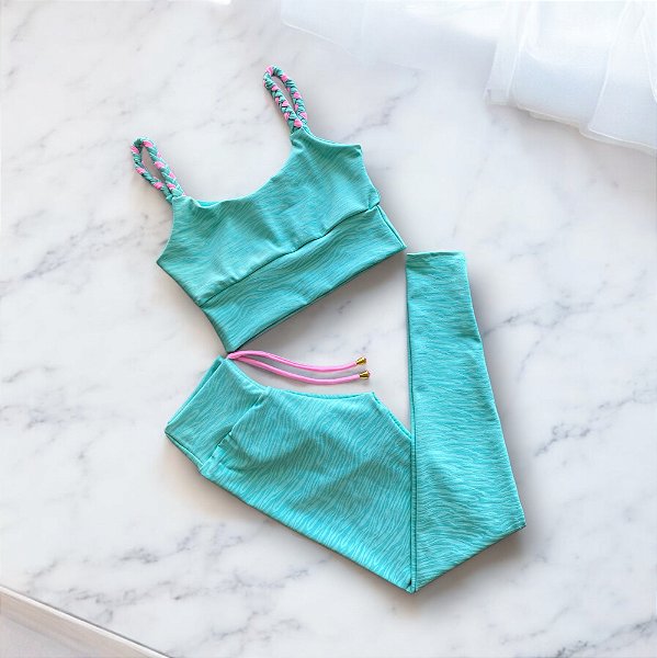 Conjunto Calça Empina e Cordinha Cintura Alta Jacquard Zebra Bicolor Verde e Rosa Choclete