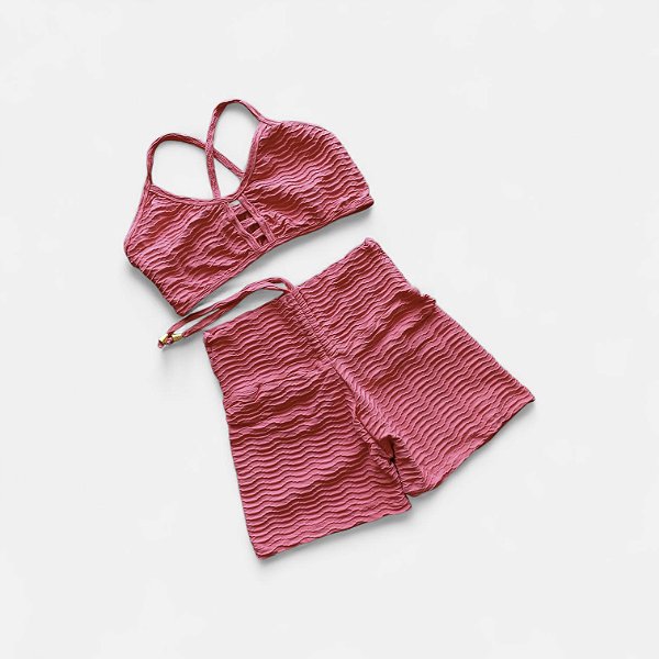Conjunto Shorts Empina e Cordinha Cintura Alta Jacquard Textura Ondas Rosinha Goiaba