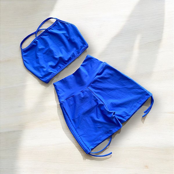 Conjunto Shorts Cross Empina Cintura Alta Azul BIC
