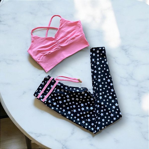 Conjunto Calça Empina Cintura Alta Mini Estrelas Fundo Preto e Rosa