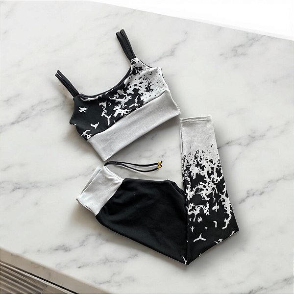 Conjunto Calça Empina e Cordinha Cintura Alta Jacquard Pássaros Preto e Cinza