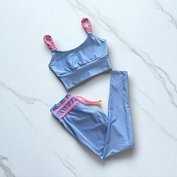 Conjunto Calça Empina e Cordinha Canelado Compressão Bicolor Azul e Rosa
