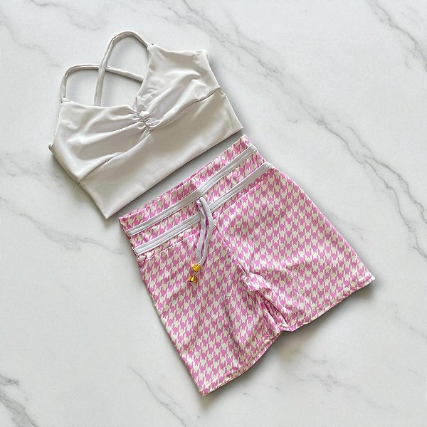 Conjunto Shorts Empina e Laço Fake Cintura Alta Branco e Rosinha