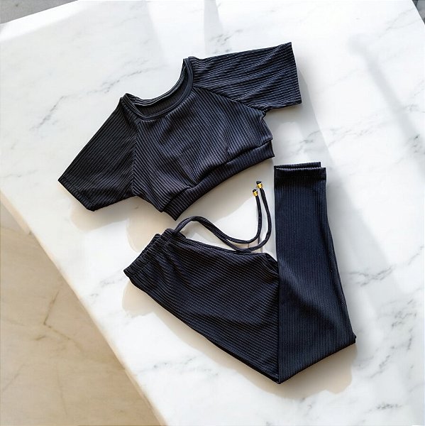 Conjunto Calça Básica Cintura Alta Cordinha Poliéster Canelado Preto