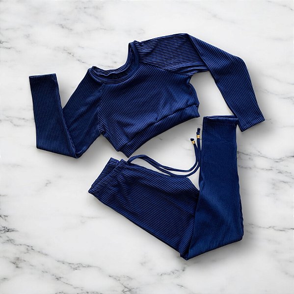 Conjunto Calça Básica Cintura Alta Poliéster Canelado Azul Marinho