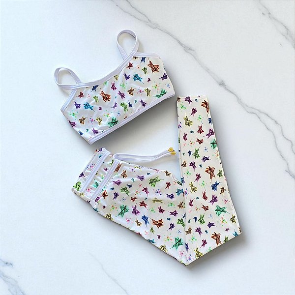 Conjunto Calça Empina e Laço Fake Cintura Alta Branco com Estrelas