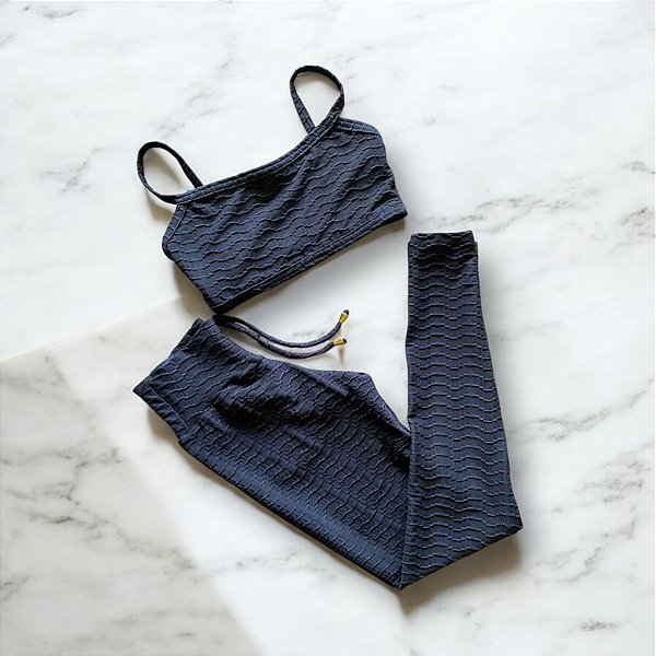 Conjunto Calça Empina e Cordinha Cintura Alta Texturizado Jacquard Ondas Preto