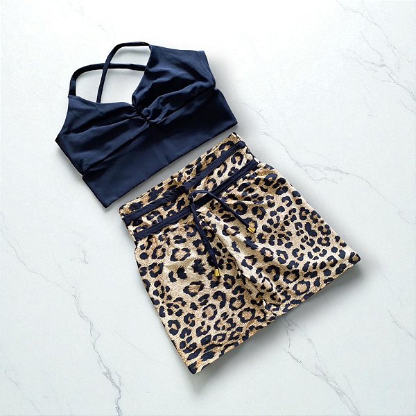 Conjunto Shorts Cintura Alta Laço Fake Onça 3d