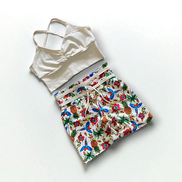 Conjunto Shorts Empina e Laço Fake Tropical Offwhite
