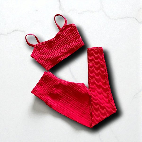 Conjunto Calça Básica Cintura Alta Jacquard Textura Ondas Vermelho