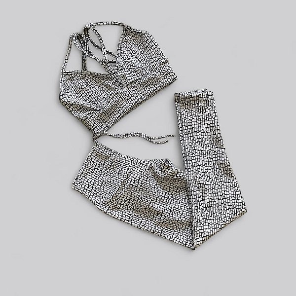 Conjunto Calça Empina e Cordinha Cintura Alta Jacquard Preto e branco