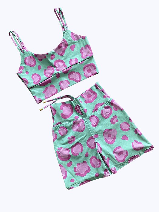 Conjunto Shorts Empina e Cordinha Cintura Alta Animal Print Verde e Rosa