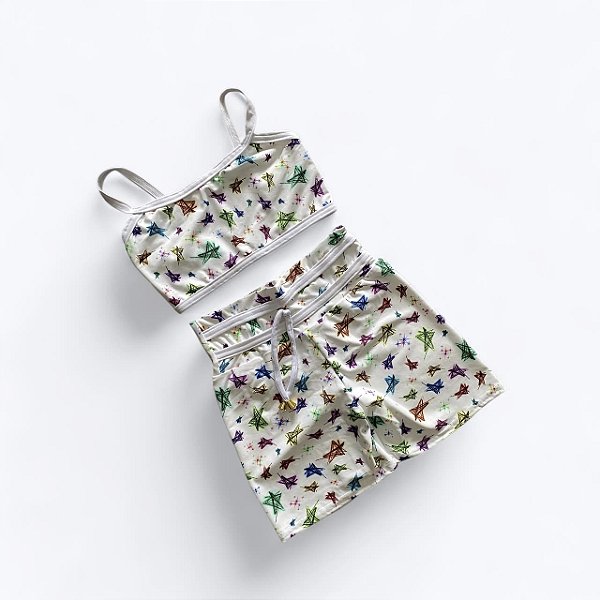 Conjunto Shorts Empina Cintura Alta Branco Estrelas