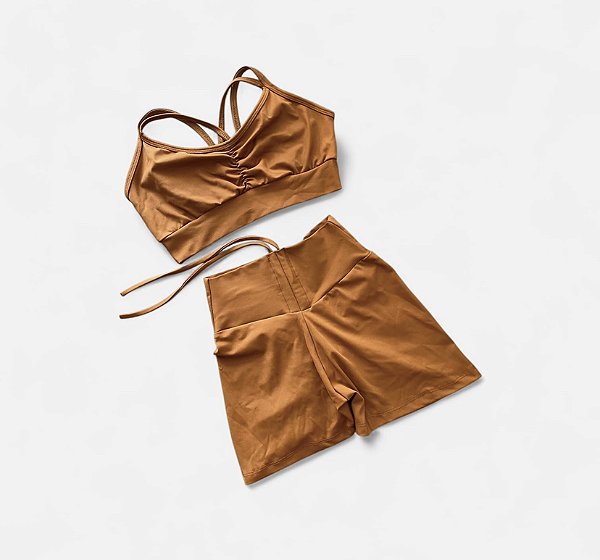 Conjunto Shorts Empina e Cordinha Cintura Alta Terracota