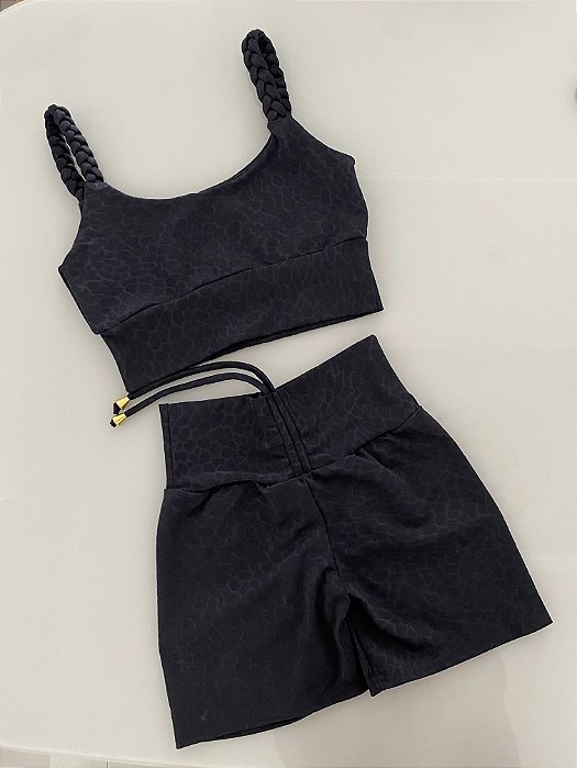 Conjunto Shorts Empina Cintura Alta Jacquard Preto