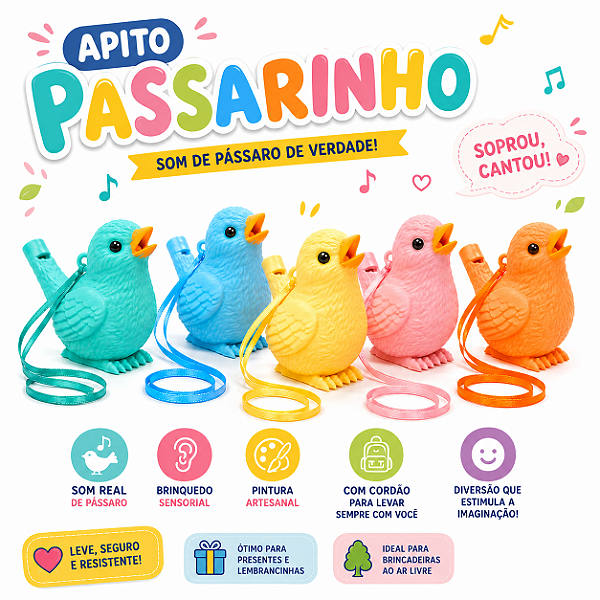 Brinquedo apito Passarinho Infantil Som de Pássaro Brinquedo musical Sensorial material plástico