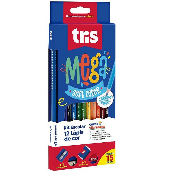 Lápis De Cor Mega Soft Color 12 Cores + 1 Lápis Preto + 1 Apontador + 1 Borracha - Tris