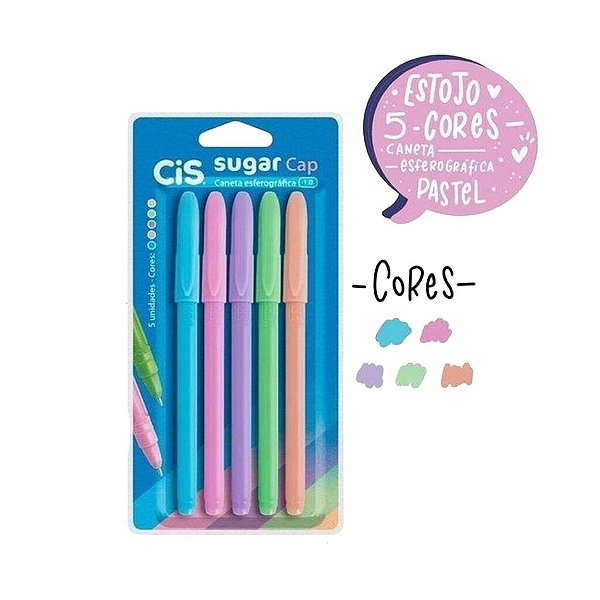 Kit Caneta Esferográfica Sugar Cap 1.0mm c/5 Cores - CIS