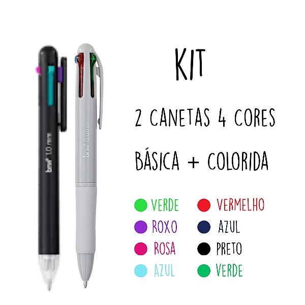Kit 2 Canetas 4 Cores Básicas + Neon - BRW