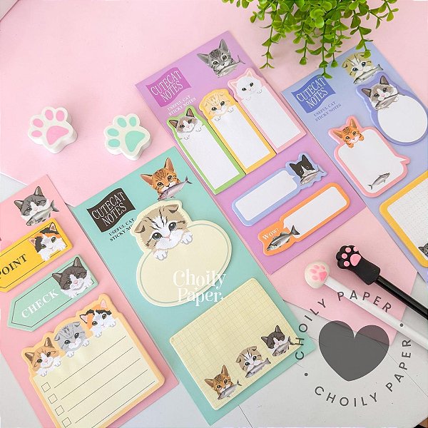 Kit Bloco de Notas Cute Cat em Cartela