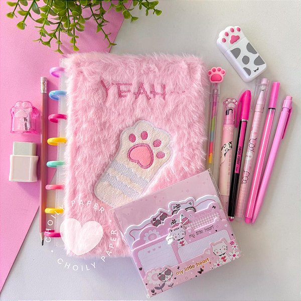 Kit Gatinho Papelaria com Caderno de Disco Pelúcia A5 - 12 Itens