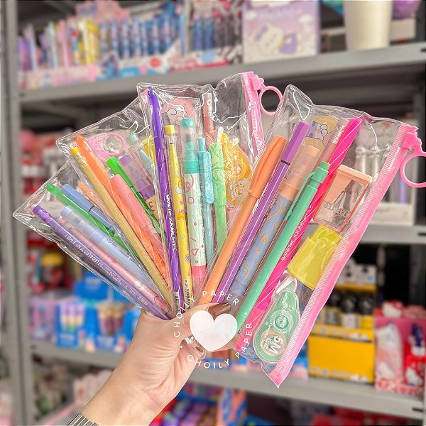 Kit Papelaria Essentials com Case Transparente - 12 Itens