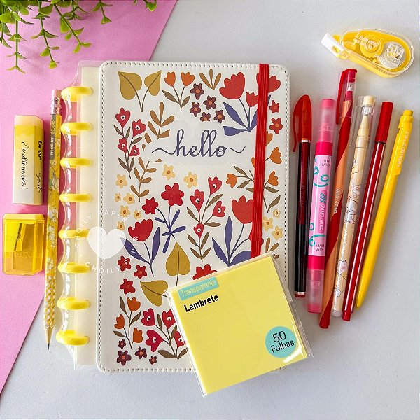 Kit Papelaria com Caderno de Disco A5 Floral Edition - 12 Itens