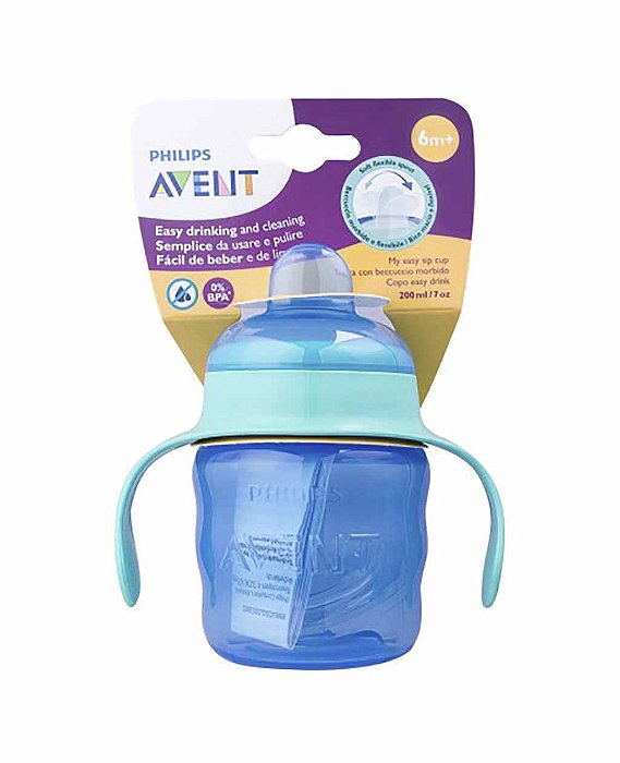 Copo Azul Transição Bico Silicone Menino Com Alça 6m+ Avent 200ml