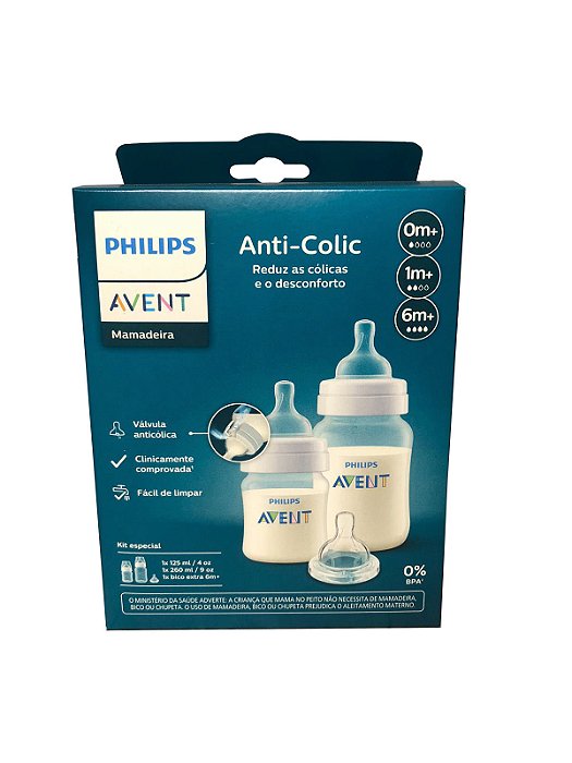 Kit Mamadeira Anticólica Transparente 125ml/260ml + Bico Nº 4 Avent