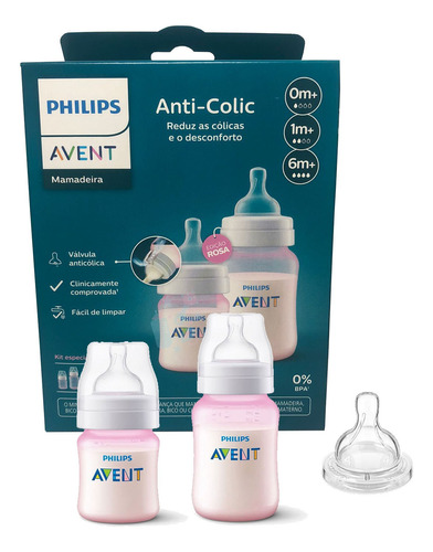 Kit Mamadeira Anticóllica Clássica 125ml + 260ml + Bico 4 Rosa Avent