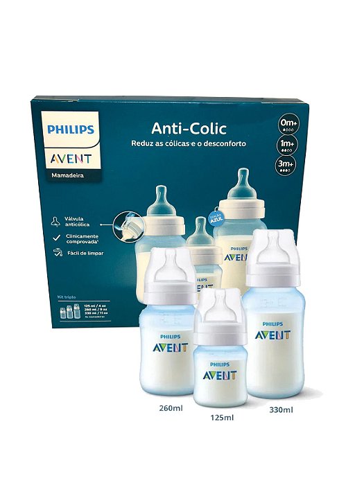 Kit 3 Mamadeiras Anticólica Avent Bebê Infantil Classica 125/260/330 Ml Azul