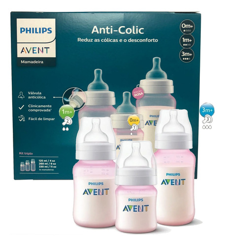 Kit 3un Mamadeiras Anticólica Avent Clássica Rosa 125ml /260ml /330ml