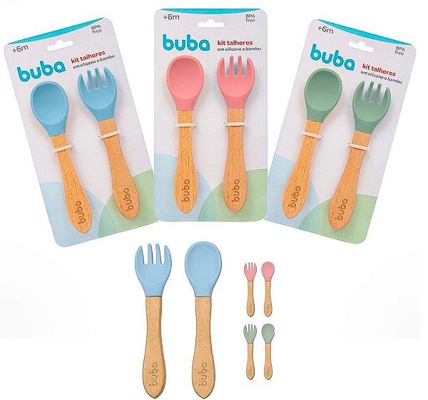 Kit Talheres Silicone e Bambu Colher e Garfo Infantil Buba