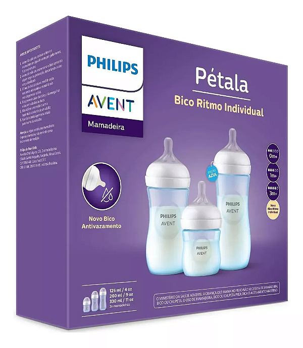 Kit 3un Mamadeira Avent Philips Pétala 125/260/330 Azul Anticólica