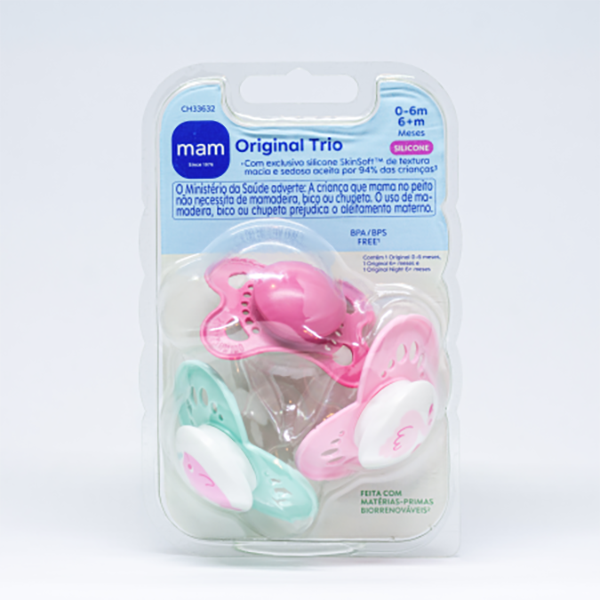 Chupeta Mam Original Trio Silicone 0-6m - 6m+ SkinSoft Rosa