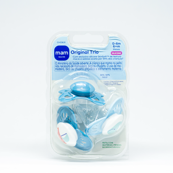 Chupeta Mam Original Trio Silicone 0-6m - 6m+ SkinSoft Azul