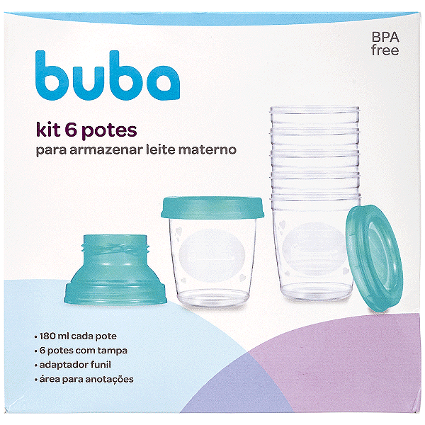 Kit 6 Potes Para Armazenar Leite Materno Buba 180ml 0%Bpa
