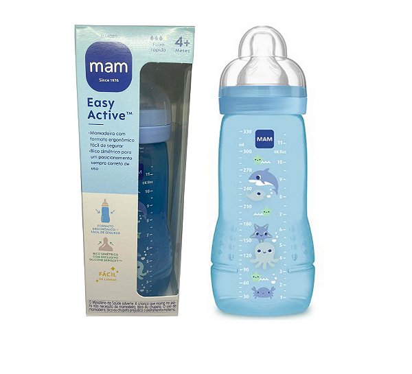 Mamadeira Mam Anticólica Easy Active 330ml Com Bico Nº3 4m+ Azul