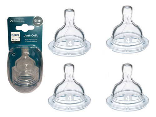 Kit 4un Bicos Mamadeira Avent Classic Nº4 - 6m+ - Anticólica