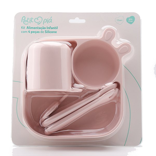 Kit Alimentação Infantil 4pç Silicone Rosa Petit Piá 12m+