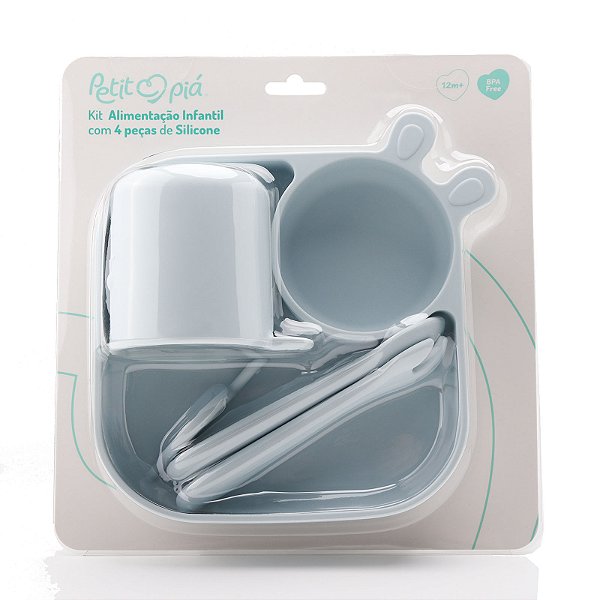 Kit Alimentação Infantil 4pç Silicone Azul Petit Piá 12m+ Pratinho Colher e Copo