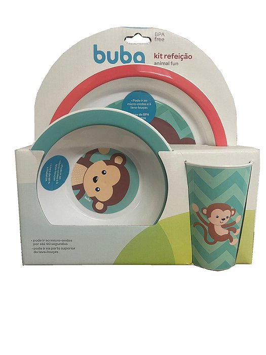 Kit Refeição Animal Fun Buba Pratinho Copinho 3 Pç Macaco
