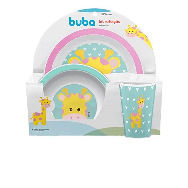 Kit Refeição Animal Fun Buba Pratinho Copinho 3 Pç Girafa
