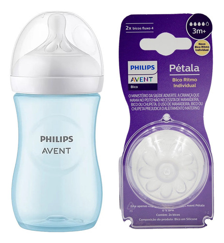 Mamadeira Anticólica Avent Pétala Azul Menino 260ml + Bico Nº 4 3m+ 2un
