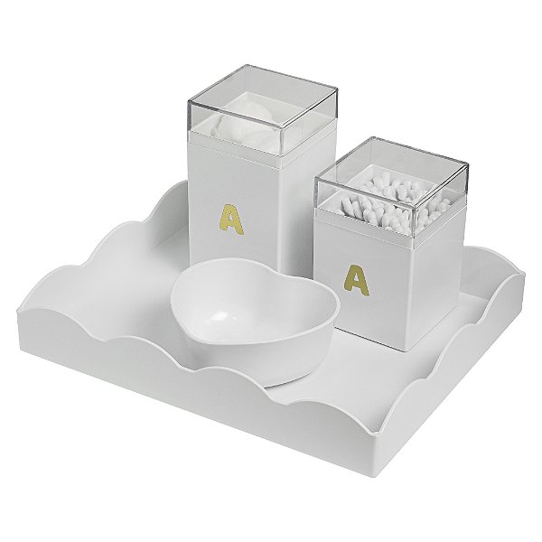 Kit Higiene Bebê 4pçs Branco Nuvem Acrílico Personalizável