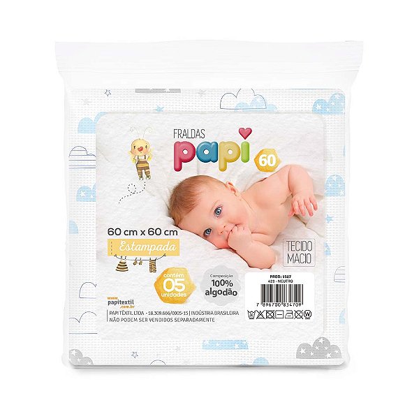Fralda Papi 60x60 Estampada 100% Algodão C/5 Unidades Menino