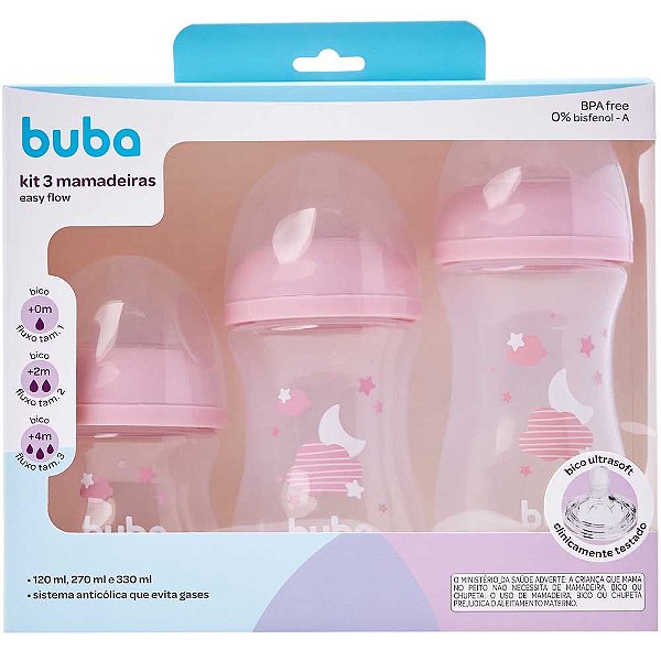 Kit 3 Mamadeiras Buba Easy Flow BPA Free Nuvem Rosa