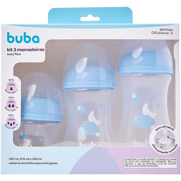Kit 3 Mamadeiras Buba Easy Flow BPA Free Nuvem Azul 0m+