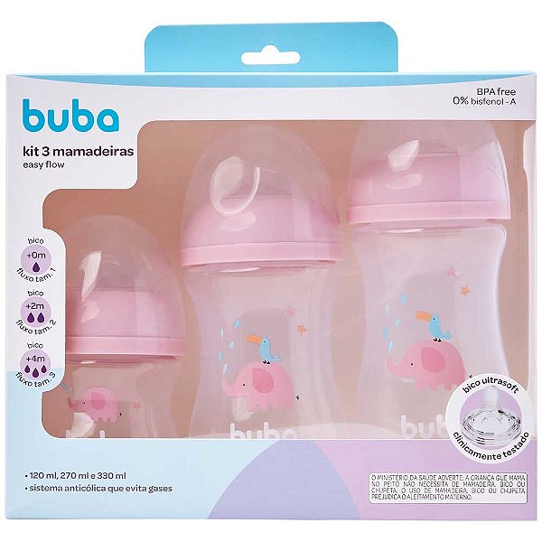 Kit 3 Mamadeiras Buba Easy Flow BPA Free Elefante Rosa 0m+